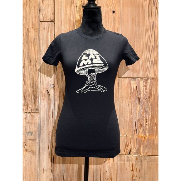 BABYDOLL T-SHIRT EAT ME MUSHROOM LOGO 24hr LAUNDRY WOMEN'S T-SHIRT BLACK NWOT SM - Picture 1 of 5